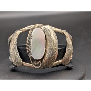 Vintage Southwestern Mother of Pearl Alpaca Silver Cuff Bracelet Feather Leaf